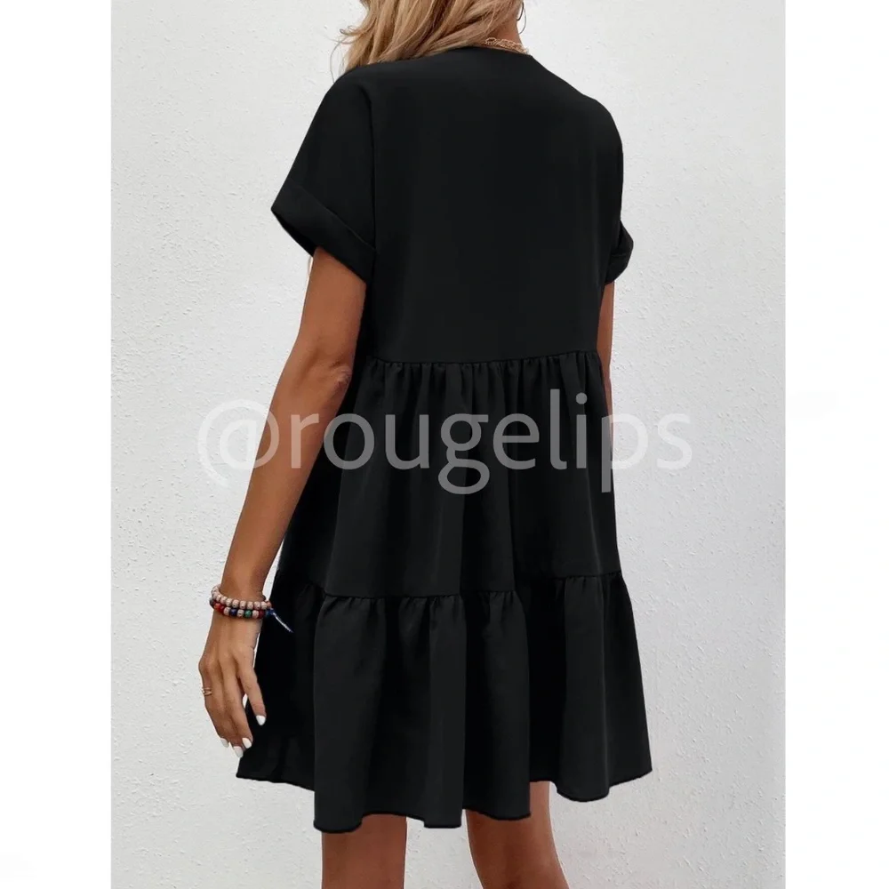 Black Short Sleeve Loose Fitting Mini Dress V-Neck Ruffle Flared Hem - Picture 5 of 8